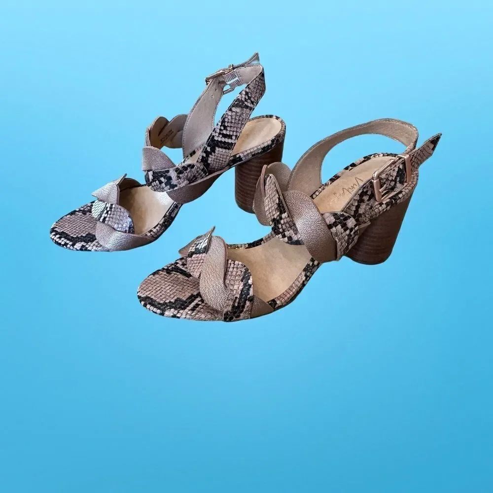 Crown Vintage Varenka Snakeskin Pattern Heel Open Toe Sandals Brown/Copper 8.5 - Picture 11 of 13